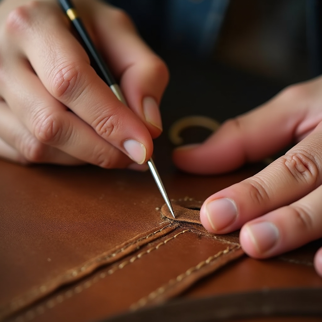 Close-up of hands performing saddle stitch on leather with two needles and waxed thread