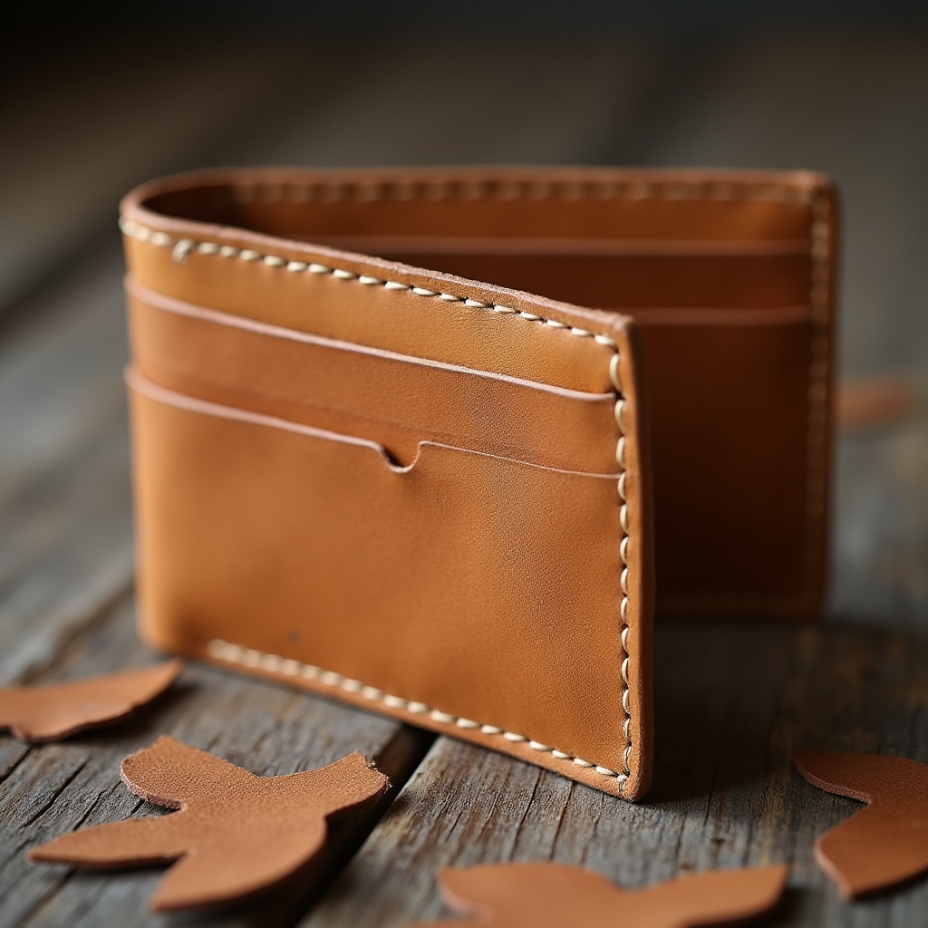 Handmade bifold leather wallet in tan vegetable-tanned leather with visible saddle stitching