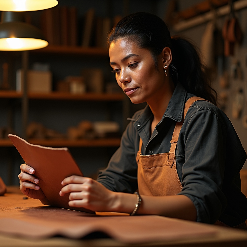 Leather crafting instructor at a workbench, middle-aged woman with focused expression examining a leather panel
