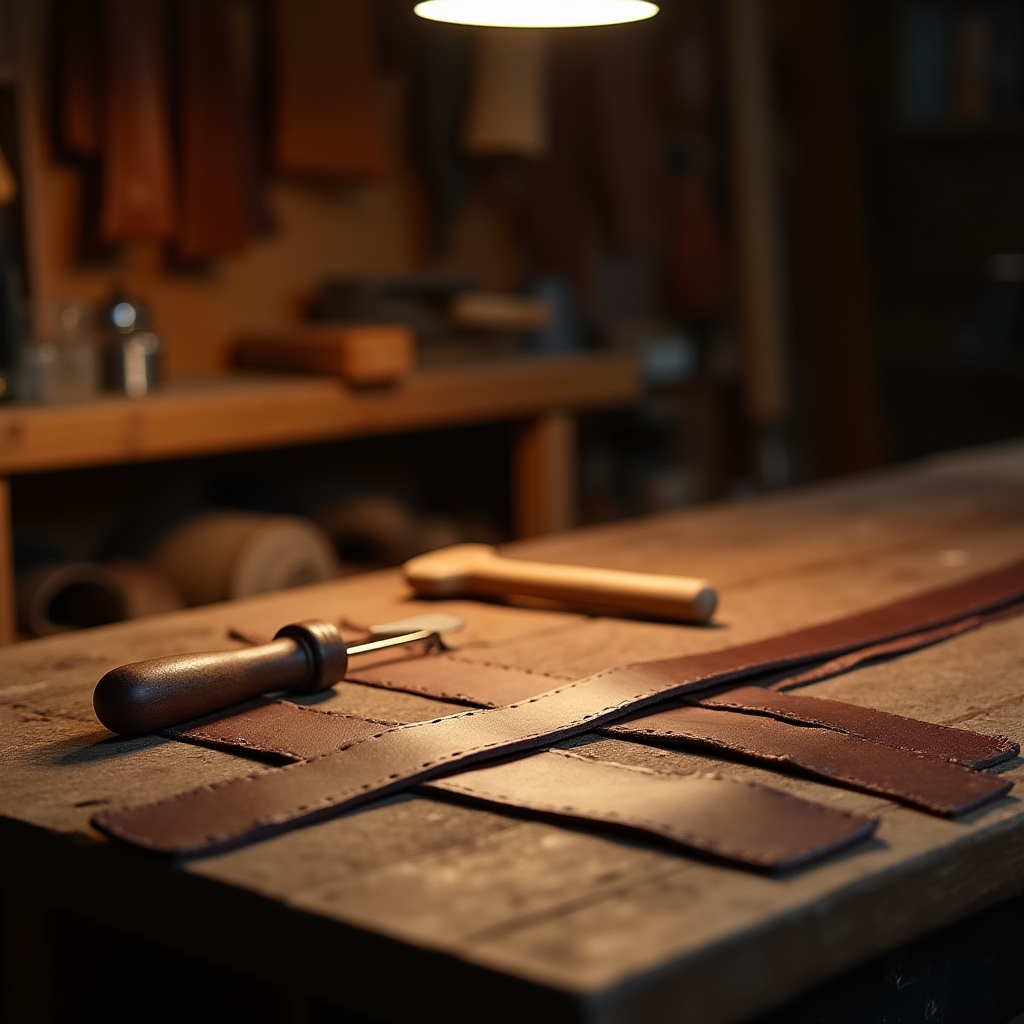 Brown leather belt being hand-stitched on a wooden workbench with stitching chisel nearby