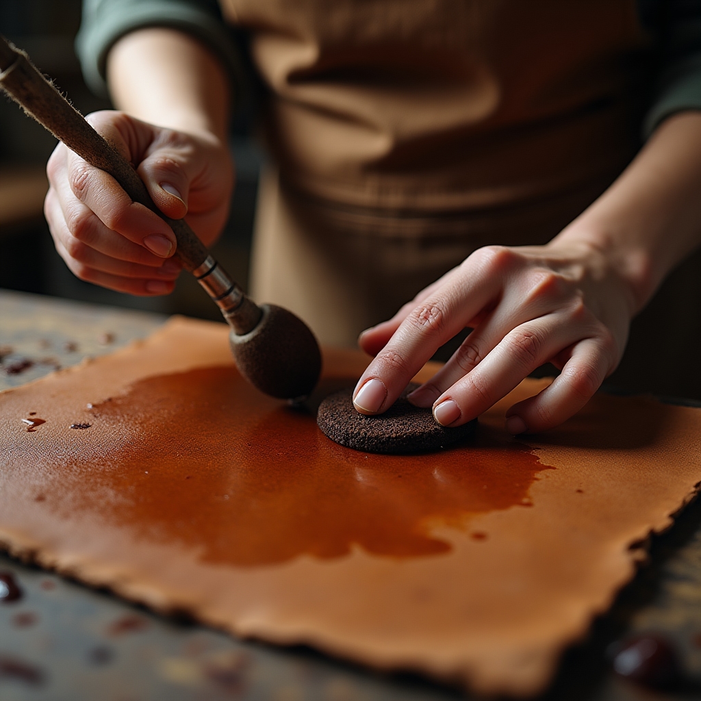 Hands applying dark brown alcohol dye to a leather panel with a wool dauber, showing color absorption