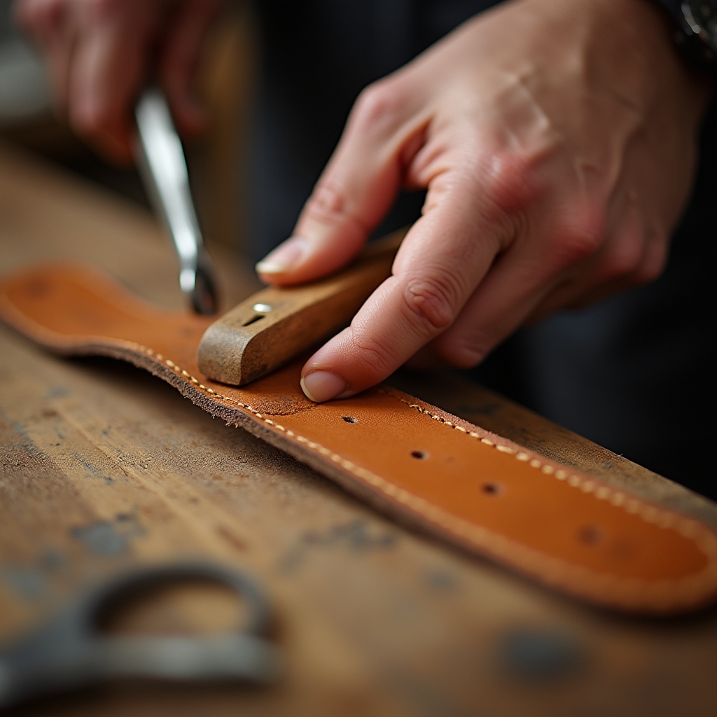 Hands burnishing the edge of a leather strap using a wood slicker tool, close-up showing smooth edge forming