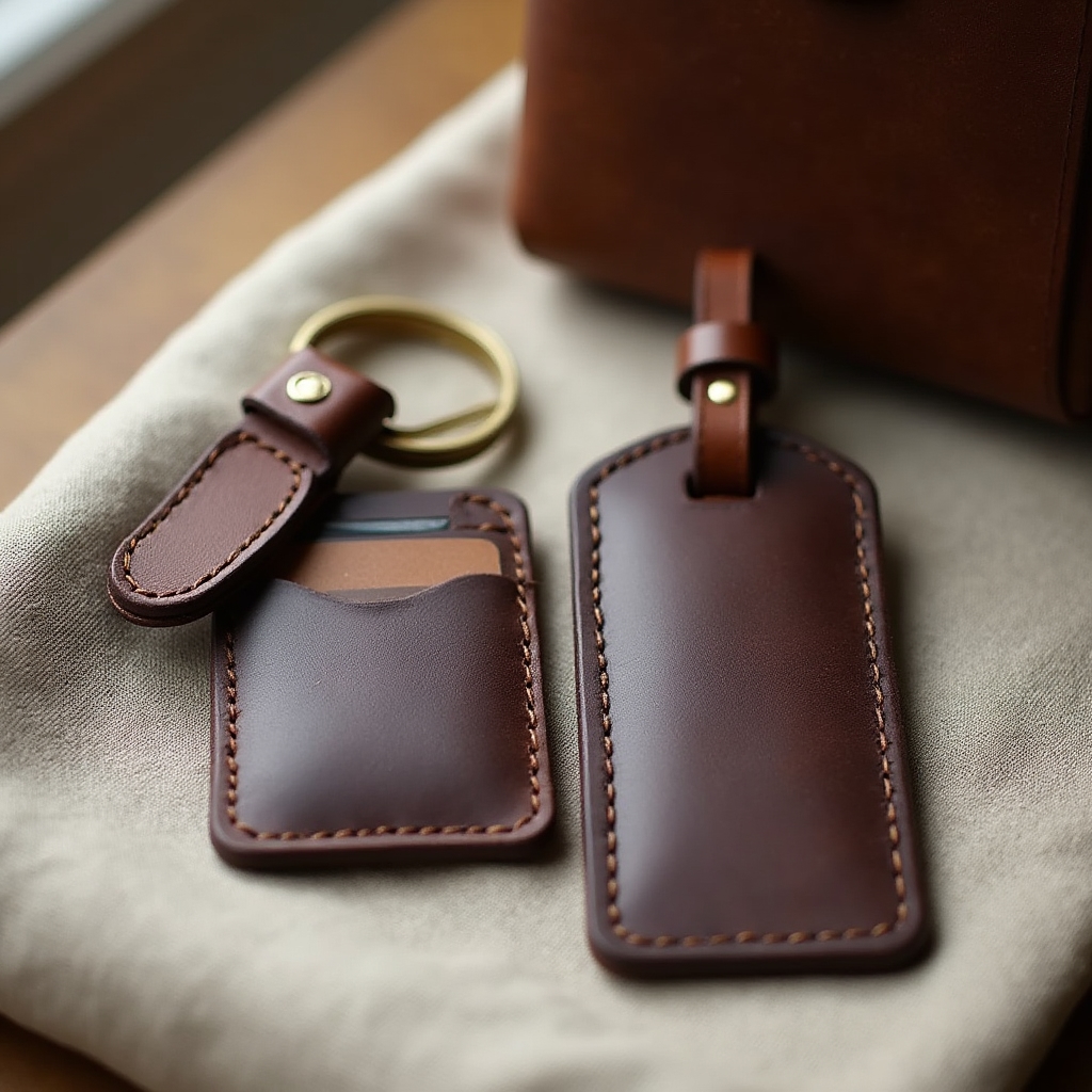Small leather key fob and card holder accessories in dark brown leather with brass hardware