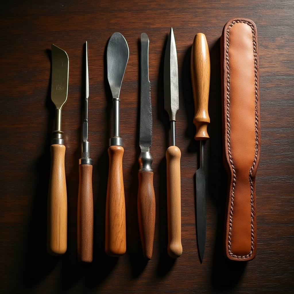 Leather crafting tools laid out on a wooden workbench including awl, stitching chisels, and edge beveler