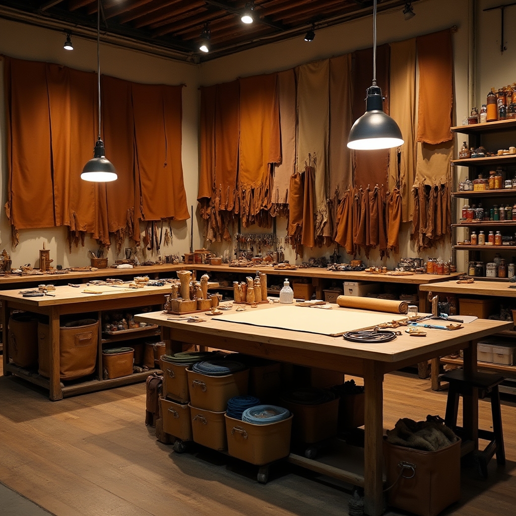 Wide view of a leather crafting workspace with organized tools, leather hides on a rack, and a wooden workbench